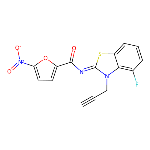 N-(4-fluoro-3-prop-2-ynyl-1,3-benzothiazol-2-ylidene)-5-nitrofuran-2-carboxamide structure