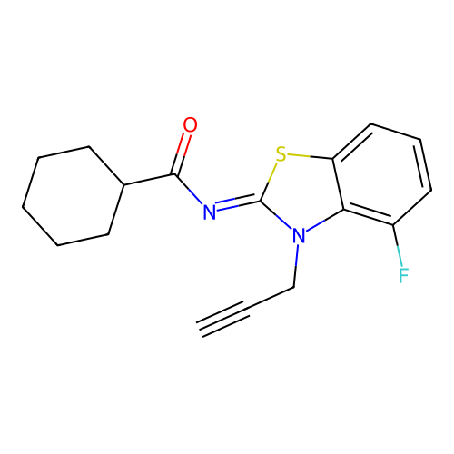 N-(4-fluoro-3-prop-2-ynyl-1,3-benzothiazol-2-ylidene)cyclohexanecarboxamide structure