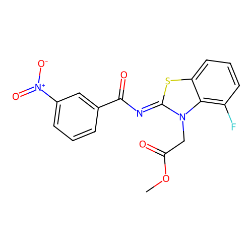 (Z)-methyl 2-(4-fluoro-2-((3-nitrobenzoyl)imino)benzo[d]thiazol-3(2H)-yl)acetate structure