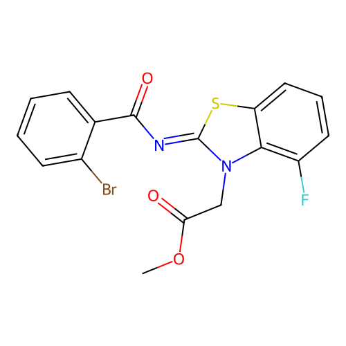 Methyl 2-[2-(2-bromobenzoyl)imino-4-fluoro-1,3-benzothiazol-3-yl]acetate structure