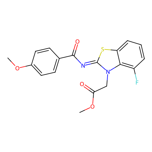 Methyl 2-[4-fluoro-2-(4-methoxybenzoyl)imino-1,3-benzothiazol-3-yl]acetate structure