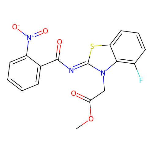 (E)-methyl 2-(4-fluoro-2-((2-nitrobenzoyl)imino)benzo[d]thiazol-3(2H)-yl)acetate structure