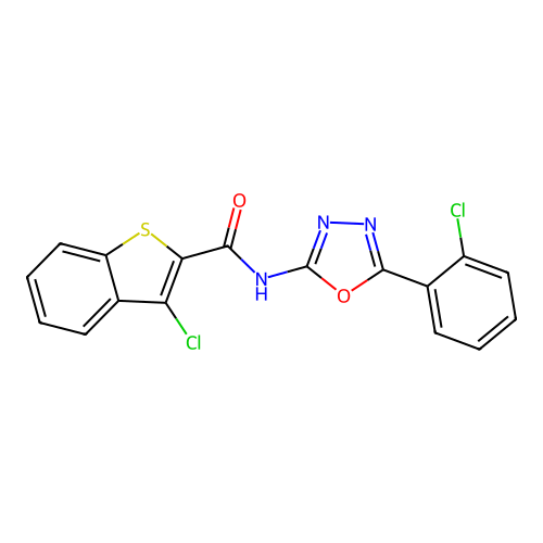 3-chloro-N-[5-(2-chlorophenyl)-1,3,4-oxadiazol-2-yl]-1-benzothiophene-2-carboxamide structure