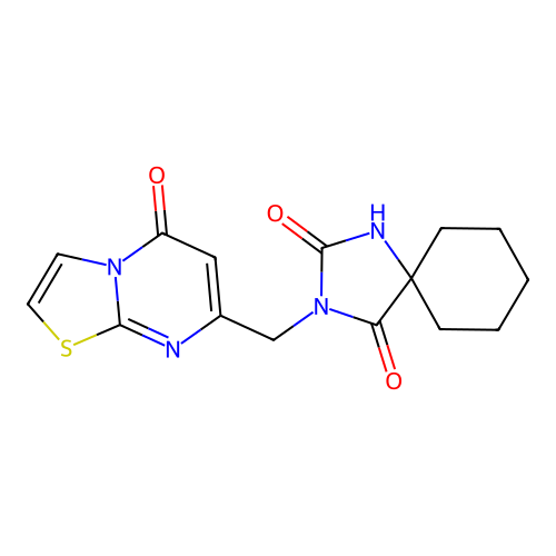 3-[(5-oxo-[1,3]thiazolo[3,2-a]pyrimidin-7-yl)methyl]-1,3-diazaspiro[4.5]decane-2,4-dione structure