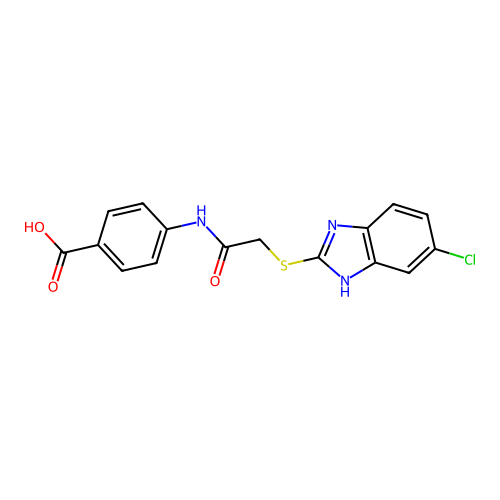 4-{2-[(6-chloro-1H-1,3-benzodiazol-2-yl)sulfanyl]acetamido}benzoic acid structure