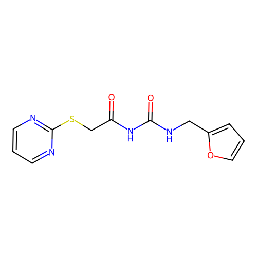 N-(furan-2-ylmethylcarbamoyl)-2-pyrimidin-2-ylsulfanylacetamide structure