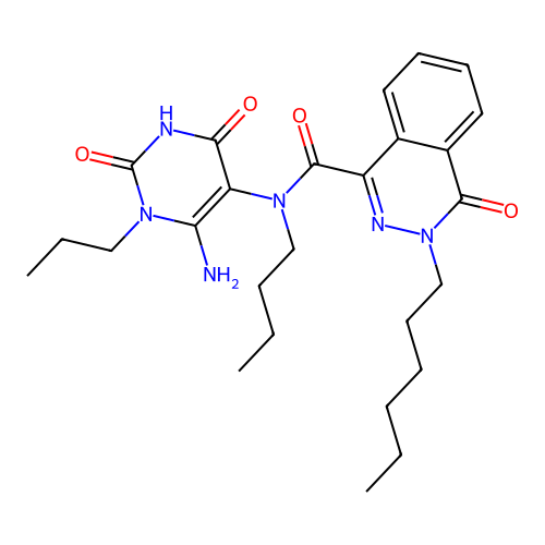N-(6-amino-2,4-dioxo-1-propylpyrimidin-5-yl)-N-butyl-3-hexyl-4-oxophthalazine-1-carboxamide structure