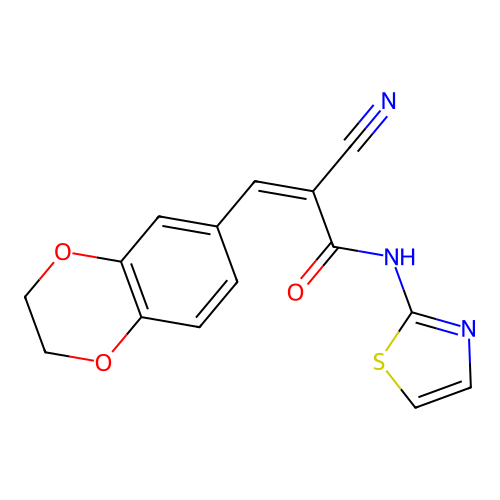 2-cyano-3-(2,3-dihydro-1,4-benzodioxin-6-yl)-N-(1,3-thiazol-2-yl)prop-2-enamide structure