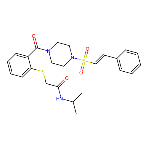 2-({2-[4-(2-phenylethenesulfonyl)piperazine-1-carbonyl]phenyl}sulfanyl)-N-(propan-2-yl)acetamide structure
