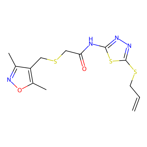 2-[(3,5-dimethyl-1,2-oxazol-4-yl)methylsulfanyl]-N-(5-prop-2-enylsulfanyl-1,3,4-thiadiazol-2-yl)acetamide structure