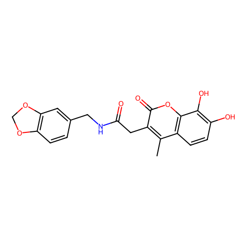 N-(benzo[d][1,3]dioxol-5-ylmethyl)-2-(7,8-dihydroxy-4-methyl-2-oxo-2H-chromen-3-yl)acetamide structure
