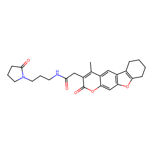 2-(4-methyl-2-oxo-6,7,8,9-tetrahydro-2H-benzofuro[3,2-g]chromen-3-yl)-N-(3-(2-oxopyrrolidin-1-yl)propyl)acetamide structure