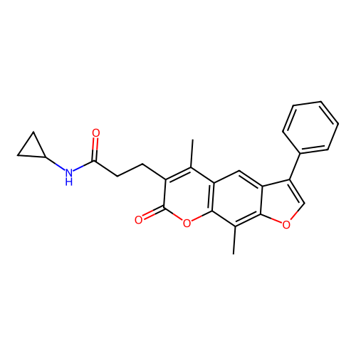 N-cyclopropyl-3-(5,9-dimethyl-7-oxo-3-phenyl-7H-furo[3,2-g]chromen-6-yl)propanamide structure