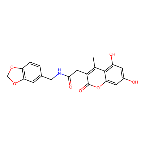 N-(1,3-benzodioxol-5-ylmethyl)-2-(5,7-dihydroxy-4-methyl-2-oxochromen-3-yl)acetamide structure