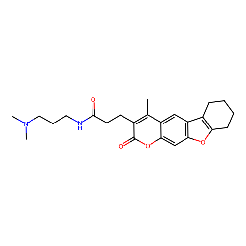 N-(3-(dimethylamino)propyl)-3-(4-methyl-2-oxo-6,7,8,9-tetrahydro-2H-benzofuro[3,2-g]chromen-3-yl)propanamide structure