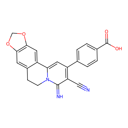 4-(3-cyano-4-imino-6,7-dihydro-4H-[1,3]dioxolo[4,5-g]pyrido[2,1-a]isoquinolin-2-yl)benzoic acid structure