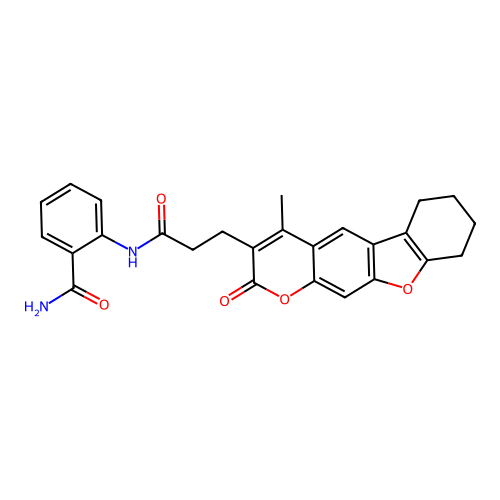 2-(3-(4-methyl-2-oxo-6,7,8,9-tetrahydro-2H-benzofuro[3,2-g]chromen-3-yl)propanamido)benzamide structure