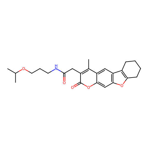 N-(3-isopropoxypropyl)-2-(4-methyl-2-oxo-6,7,8,9-tetrahydro-2H-benzofuro[3,2-g]chromen-3-yl)acetamide structure