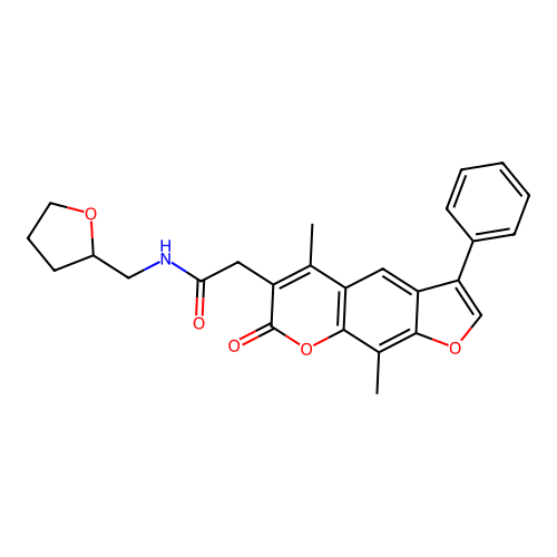 2-(5,9-dimethyl-7-oxo-3-phenyl-7H-furo[3,2-g]chromen-6-yl)-N-((tetrahydrofuran-2-yl)methyl)acetamide structure