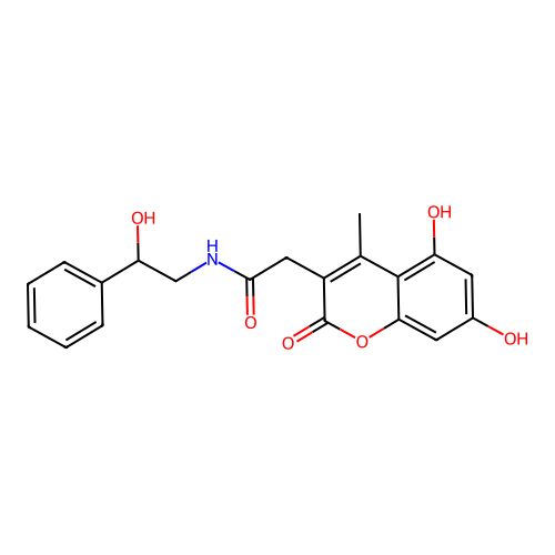 2-(5,7-dihydroxy-4-methyl-2-oxo-2H-chromen-3-yl)-N-(2-hydroxy-2-phenylethyl)acetamide structure