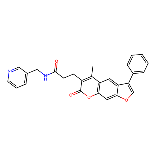 3-(5-methyl-7-oxo-3-phenyl-7H-furo[3,2-g]chromen-6-yl)-N-(pyridin-3-ylmethyl)propanamide structure