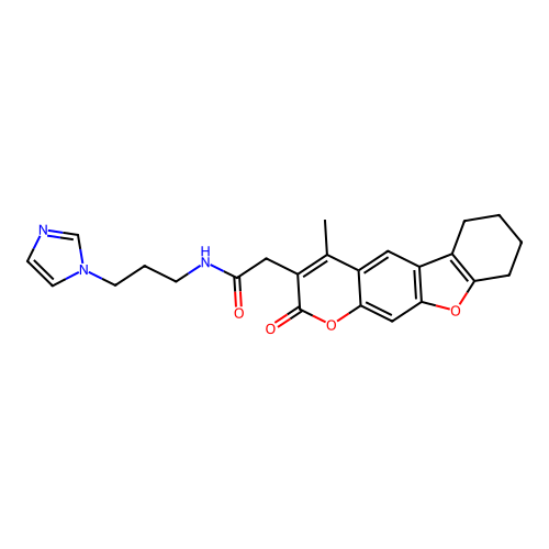 N-(3-(1H-imidazol-1-yl)propyl)-2-(4-methyl-2-oxo-6,7,8,9-tetrahydro-2H-benzofuro[3,2-g]chromen-3-yl)acetamide structure