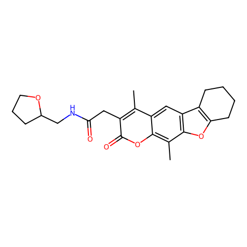 2-(4,11-dimethyl-2-oxo-6,7,8,9-tetrahydro-2H-benzofuro[3,2-g]chromen-3-yl)-N-((tetrahydrofuran-2-yl)methyl)acetamide structure