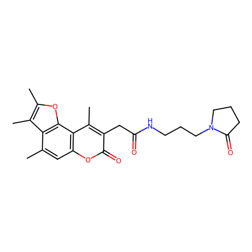 N-(3-(2-oxopyrrolidin-1-yl)propyl)-2-(2,3,4,9-tetramethyl-7-oxo-7H-furo[2,3-f]chromen-8-yl)acetamide structure