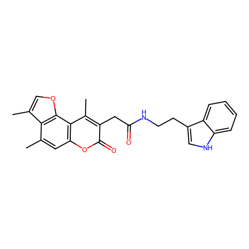 N-(2-(1H-indol-3-yl)ethyl)-2-(3,4,9-trimethyl-7-oxo-7H-furo[2,3-f]chromen-8-yl)acetamide structure