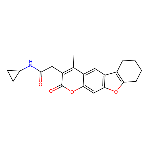 N-cyclopropyl-2-(4-methyl-2-oxo-6,7,8,9-tetrahydro-2H-benzofuro[3,2-g]chromen-3-yl)acetamide structure