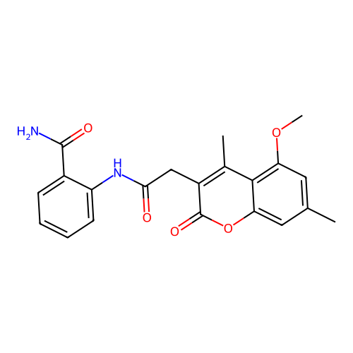 2-(2-(5-methoxy-4,7-dimethyl-2-oxo-2H-chromen-3-yl)acetamido)benzamide structure