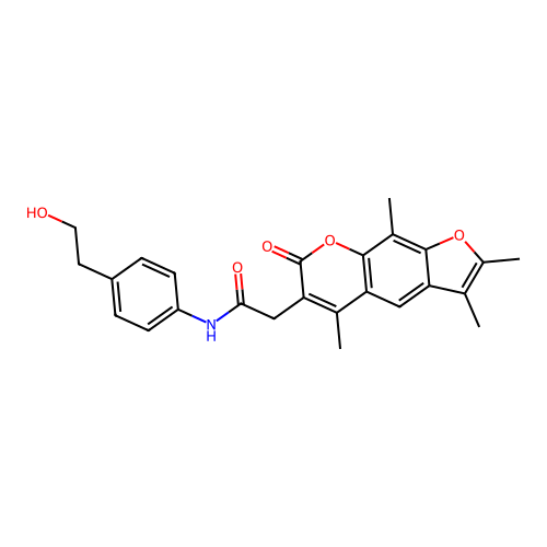 N-(4-(2-hydroxyethyl)phenyl)-2-(2,3,5,9-tetramethyl-7-oxo-7H-furo[3,2-g]chromen-6-yl)acetamide structure