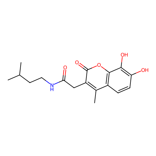 2-(7,8-dihydroxy-4-methyl-2-oxo-2H-chromen-3-yl)-N-isopentylacetamide structure