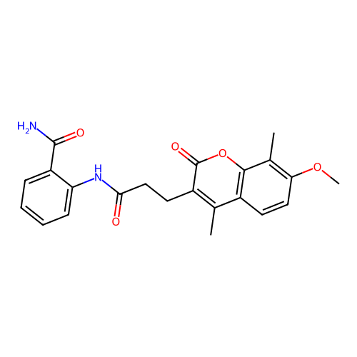 2-(3-(7-methoxy-4,8-dimethyl-2-oxo-2H-chromen-3-yl)propanamido)benzamide structure