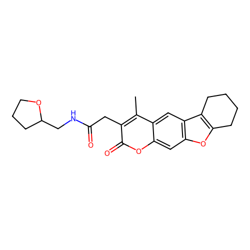 2-(4-methyl-2-oxo-6,7,8,9-tetrahydro-2H-benzofuro[3,2-g]chromen-3-yl)-N-((tetrahydrofuran-2-yl)methyl)acetamide structure