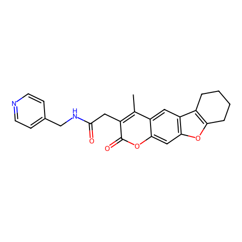 2-(4-methyl-2-oxo-6,7,8,9-tetrahydro-2H-benzofuro[3,2-g]chromen-3-yl)-N-(pyridin-4-ylmethyl)acetamide structure