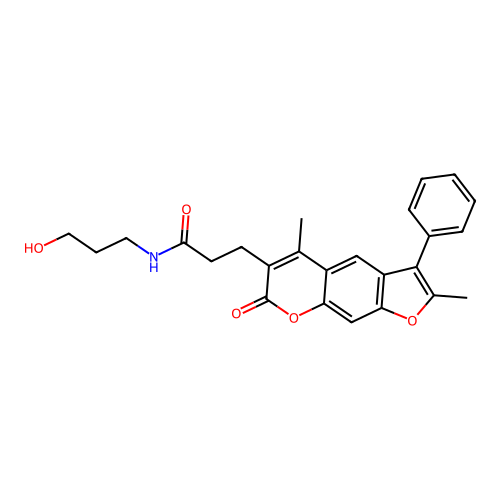 3-(2,5-dimethyl-7-oxo-3-phenyl-7H-furo[3,2-g]chromen-6-yl)-N-(3-hydroxypropyl)propanamide structure
