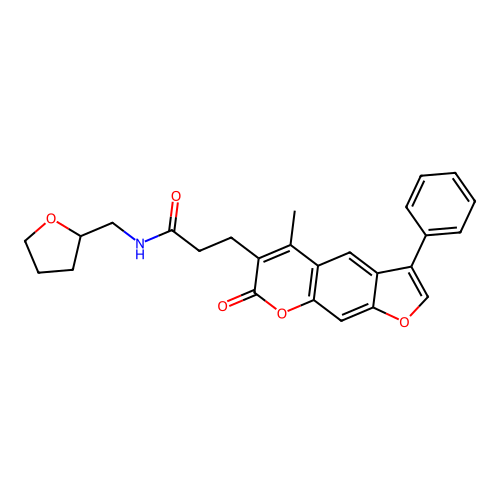 3-(5-methyl-7-oxo-3-phenyl-7H-furo[3,2-g]chromen-6-yl)-N-((tetrahydrofuran-2-yl)methyl)propanamide structure