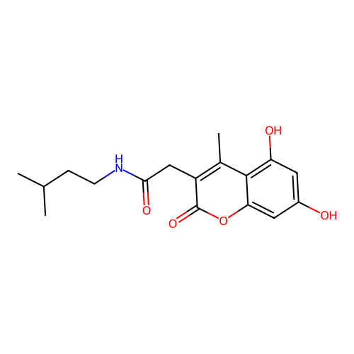 2-(5,7-dihydroxy-4-methyl-2-oxo-2H-chromen-3-yl)-N-isopentylacetamide structure