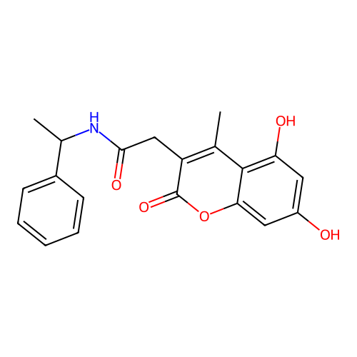 2-(5,7-dihydroxy-4-methyl-2-oxo-2H-chromen-3-yl)-N-(1-phenylethyl)acetamide structure