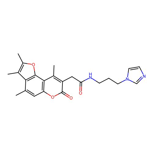 N-(3-(1H-imidazol-1-yl)propyl)-2-(2,3,4,9-tetramethyl-7-oxo-7H-furo[2,3-f]chromen-8-yl)acetamide structure