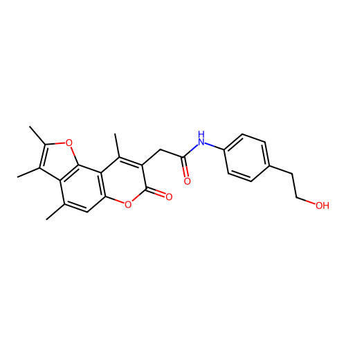 N-(4-(2-hydroxyethyl)phenyl)-2-(2,3,4,9-tetramethyl-7-oxo-7H-furo[2,3-f]chromen-8-yl)acetamide structure