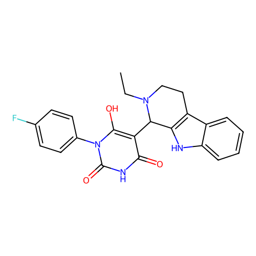 5-(2-ethyl-2,3,4,9-tetrahydro-1H-pyrido[3,4-b]indol-1-yl)-3-(4-fluorophenyl)-6-hydroxypyrimidine-2,4(1H,3H)-dione structure