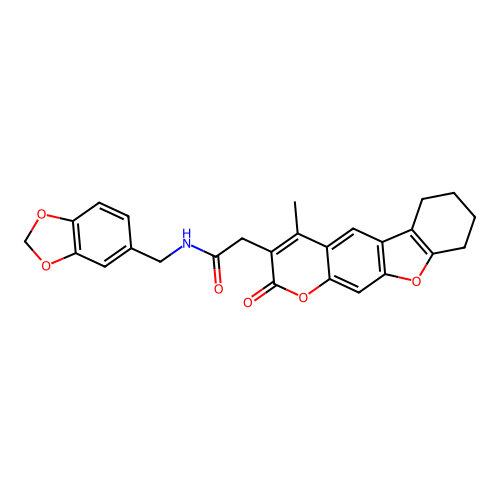 N-(benzo[d][1,3]dioxol-5-ylmethyl)-2-(4-methyl-2-oxo-6,7,8,9-tetrahydro-2H-benzofuro[3,2-g]chromen-3-yl)acetamide structure