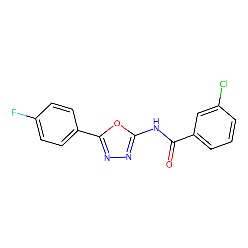 3-chloro-N-[5-(4-fluorophenyl)-1,3,4-oxadiazol-2-yl]benzamide structure