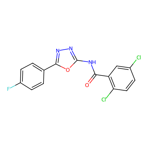 2,5-dichloro-N-[5-(4-fluorophenyl)-1,3,4-oxadiazol-2-yl]benzamide structure