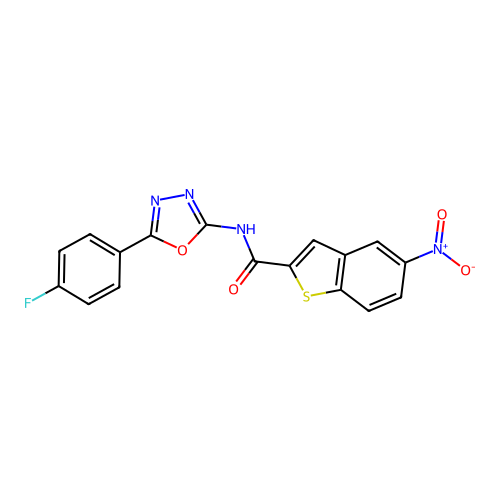 N-[5-(4-fluorophenyl)-1,3,4-oxadiazol-2-yl]-5-nitro-1-benzothiophene-2-carboxamide structure