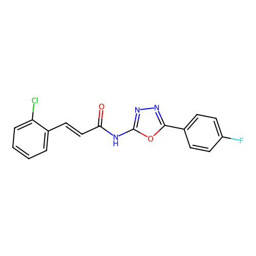 (E)-3-(2-chlorophenyl)-N-(5-(4-fluorophenyl)-1,3,4-oxadiazol-2-yl)acrylamide structure