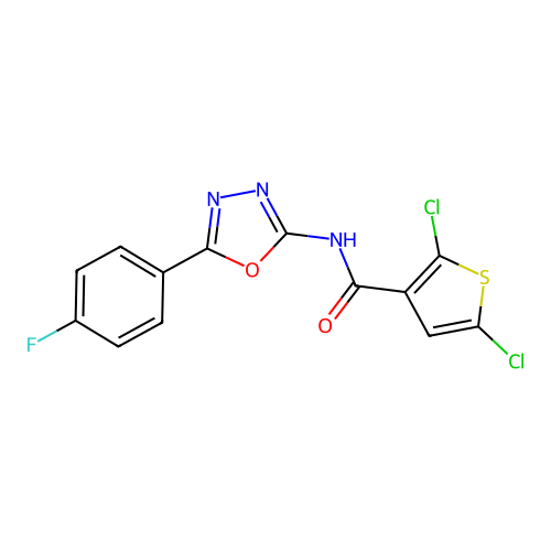 2,5-dichloro-N-[5-(4-fluorophenyl)-1,3,4-oxadiazol-2-yl]-3-thiophenecarboxamide structure