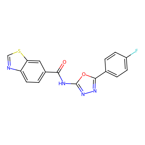 N-[5-(4-fluorophenyl)-1,3,4-oxadiazol-2-yl]-1,3-benzothiazole-6-carboxamide structure